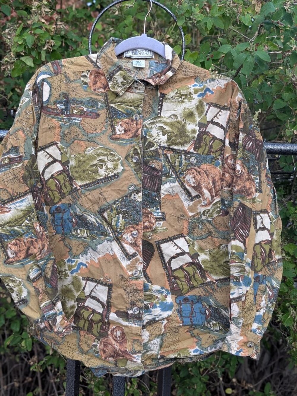 Vintage Wildlife Bear Fish Print Button Up Shirt Cotton Outdoor Cabincore 90s L